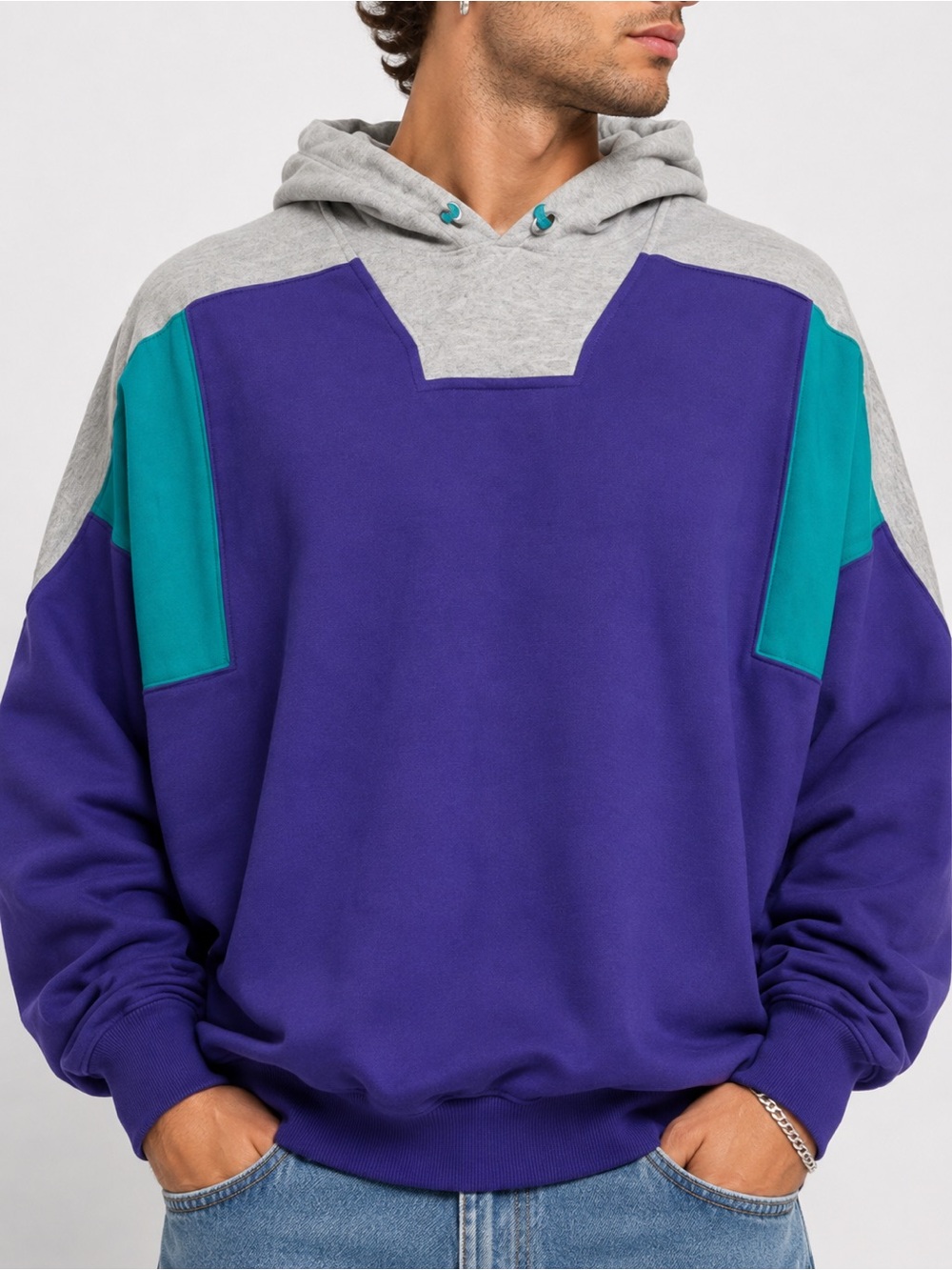 Eddie Bauer Vintage Colorblock Hoodie Purple Teal Gray Large 90s
